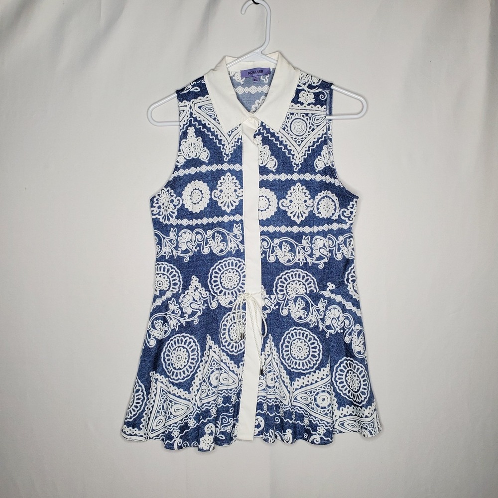 Premise Top Women Small Sleeveless Blue White Collar Paisley Tie Waist Tunic